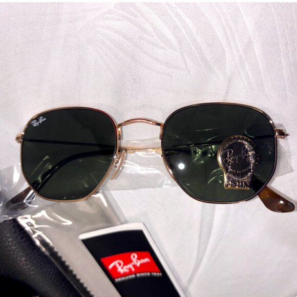 Ray-Ban Hexagonal Sunglasses Green Lenses Gold Metal Frame Adjustable Nosepads - Picture 5 of 11